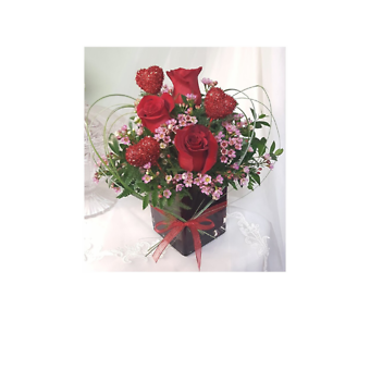 LOVE NOTE ♥ RED ROSES IN  RED CUBE VASE